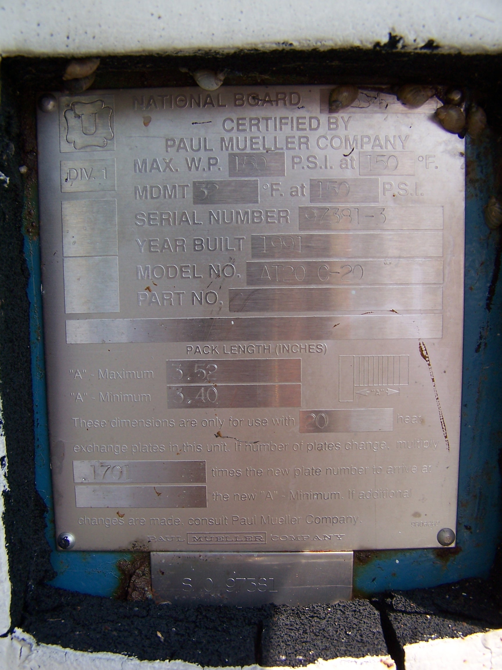 Used Mueller Co. Approximately 50 sq ft. stainless steel plate heat exchang
